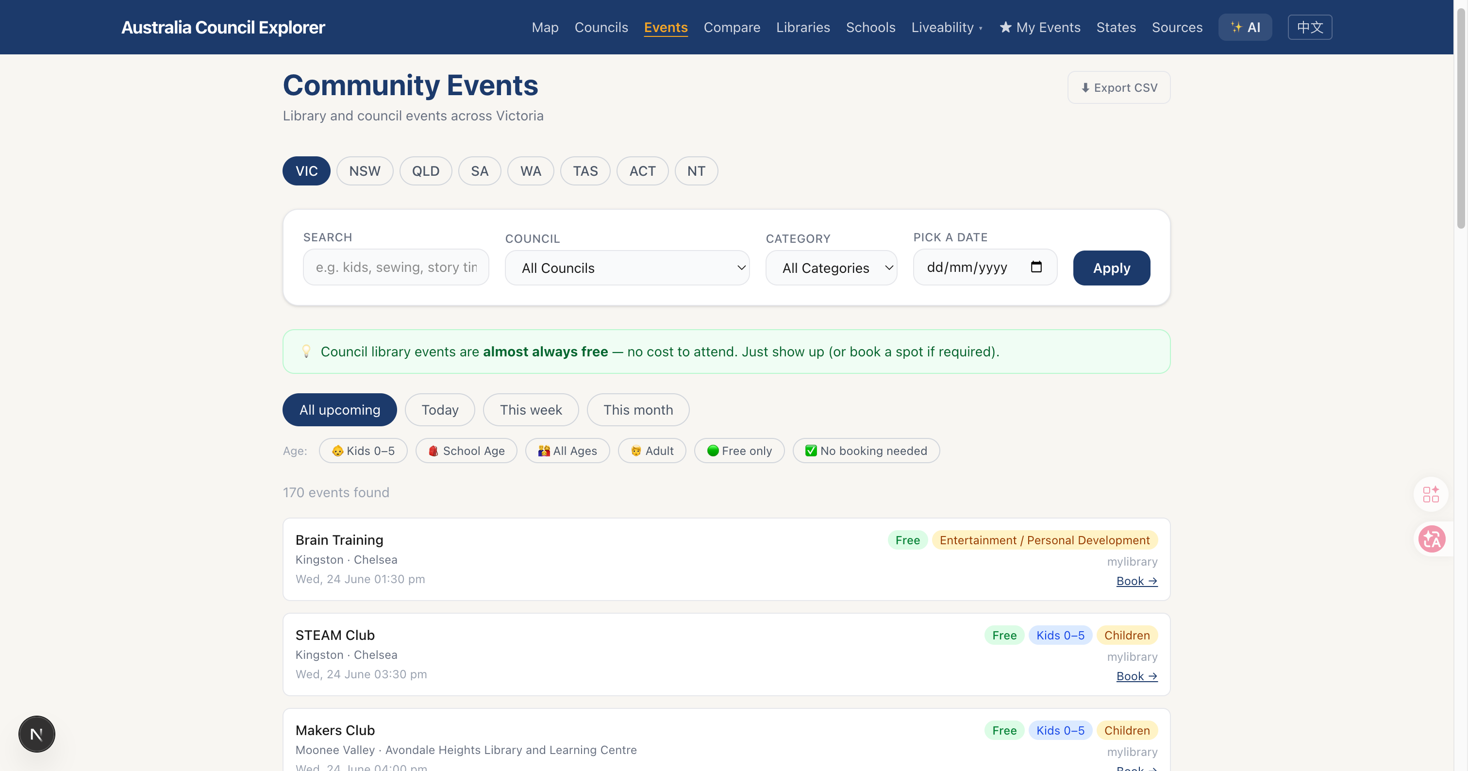 Events calendar page